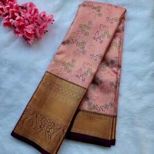 Home peach semi kanjivaram pattu saree with golden zari border