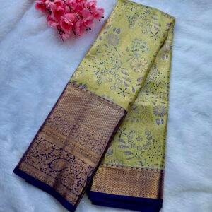 Home elegant semi kanjivaram pattu saree in light green with navy blue zari border